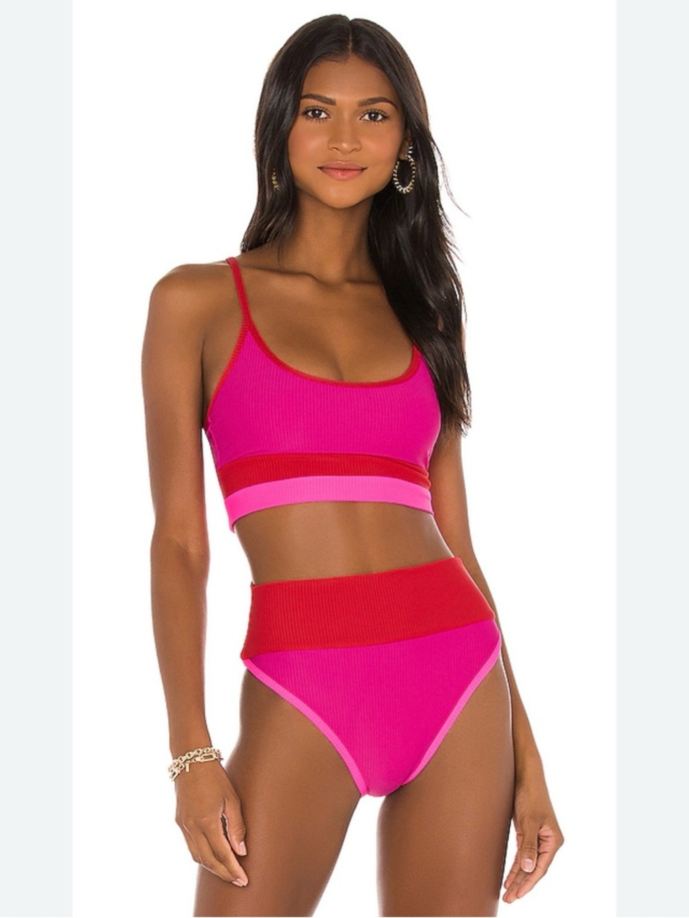 Beach Riot Pink and Red Ribbed Bikini Set
